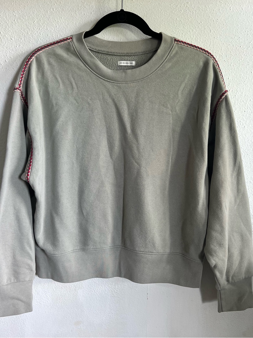 American Eagle Outfitters Sage Green Crewneck Sweatshirt with Maroon Stitching